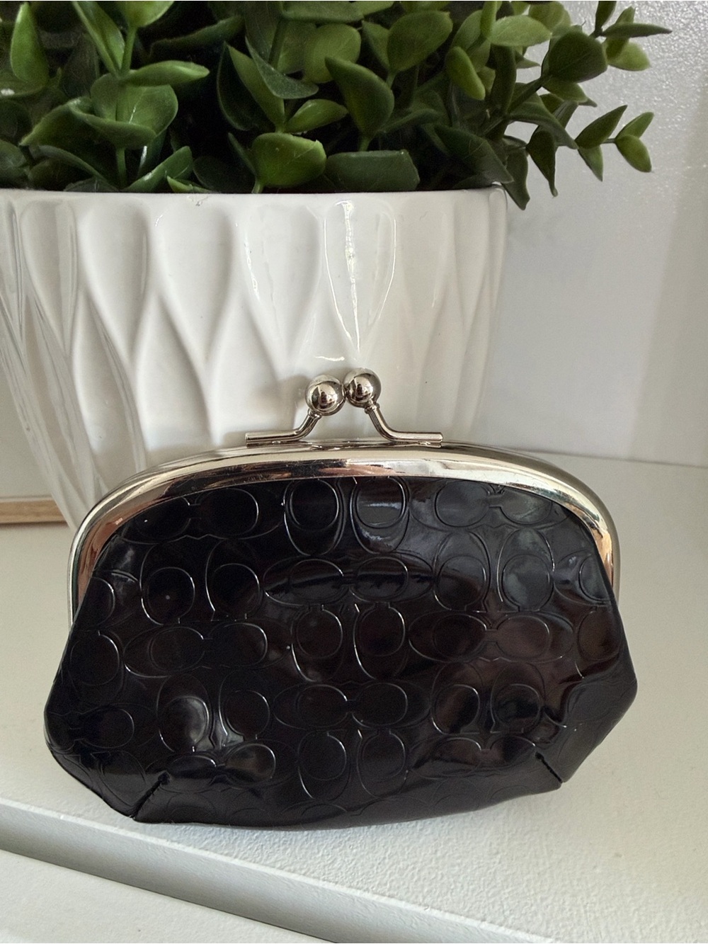 Coach Black Signature Patent Leather Kiss-Lock Coin Pouch